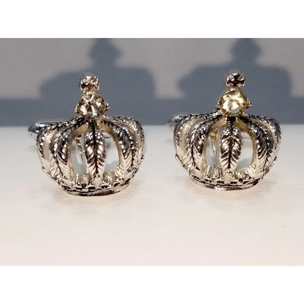 Vintage Crown Cuff Links, Silver Tone with Clear Rhinestones, Sparkling Gift